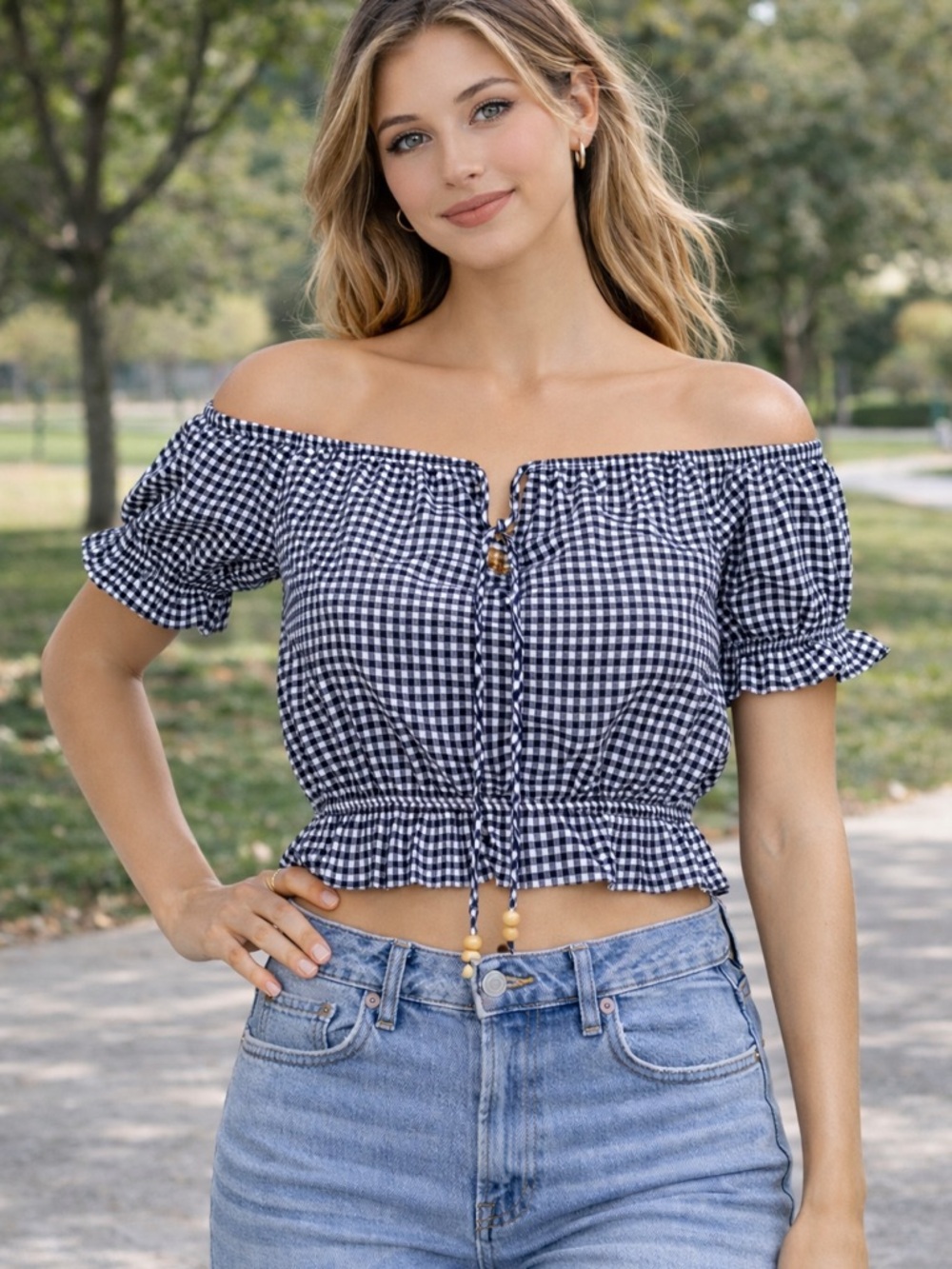Springfield Gingham Crop Top Puff Sleeve Tie Front Elastic Waist